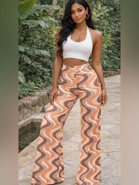 Princess Polly Latiana 70sFlare Pants,Peach/Tan/Brown Psychedelic Wave, Sz6,GUC